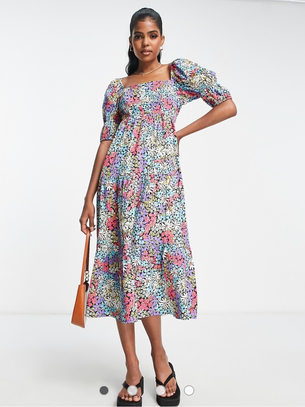 Square-Neck Puff Sleeve Floral Midi Dress in Multicolor